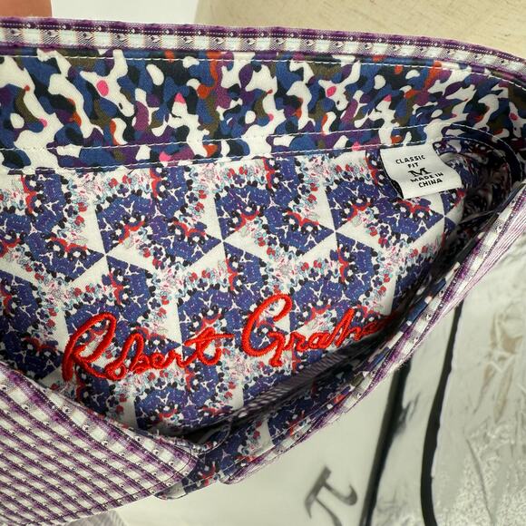 Robert Graham Woven Button Front Long Sleeve Casual Shirt Purple White Check M - Picture 3 of 9